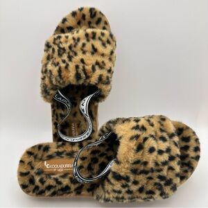 Kookaburra by UGG black brown tan platform slippers size 7/EU 38 #112-4415 Fuzzy